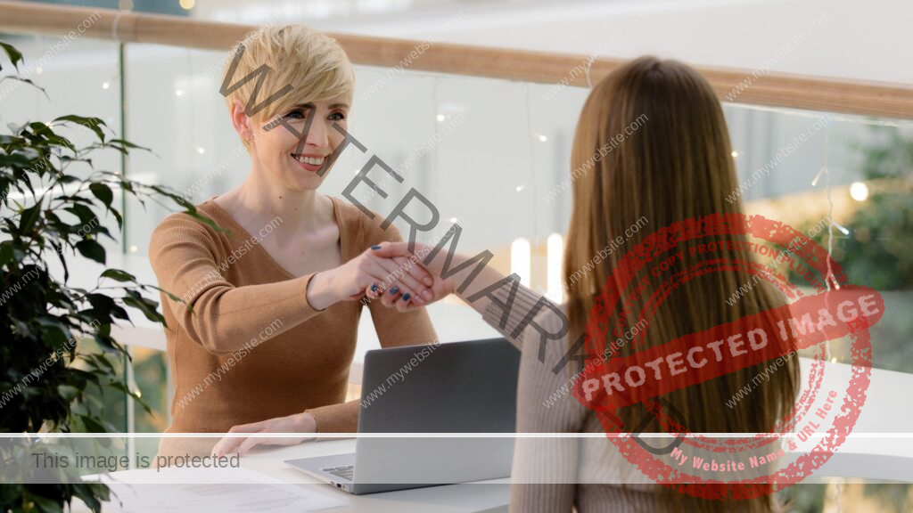Adult middle-aged Caucasian woman consultant advisor with laptop talking to female partner client