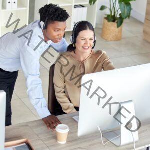 Black man, woman or computer call center training in crm consulting, b2b sales telemarketing or cus