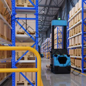 Robot forklift efficiently sorting hundreds of parcels per hour in factory.