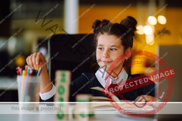 School girl in medical mask using laptop computer studying through online e-learning system.