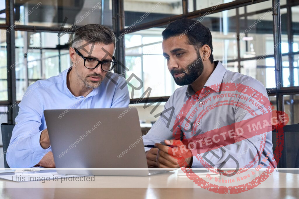 Two business men analysts discussing data management using laptop computer.